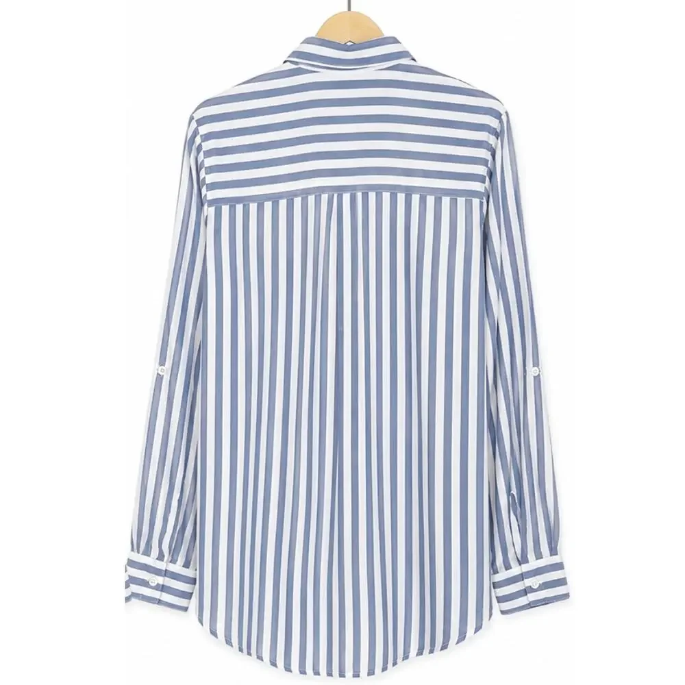 BeachLunchLounge Blue White Striped Button Front Shirt Rayon Lyocell Roll Tab S - Picture 3 of 8